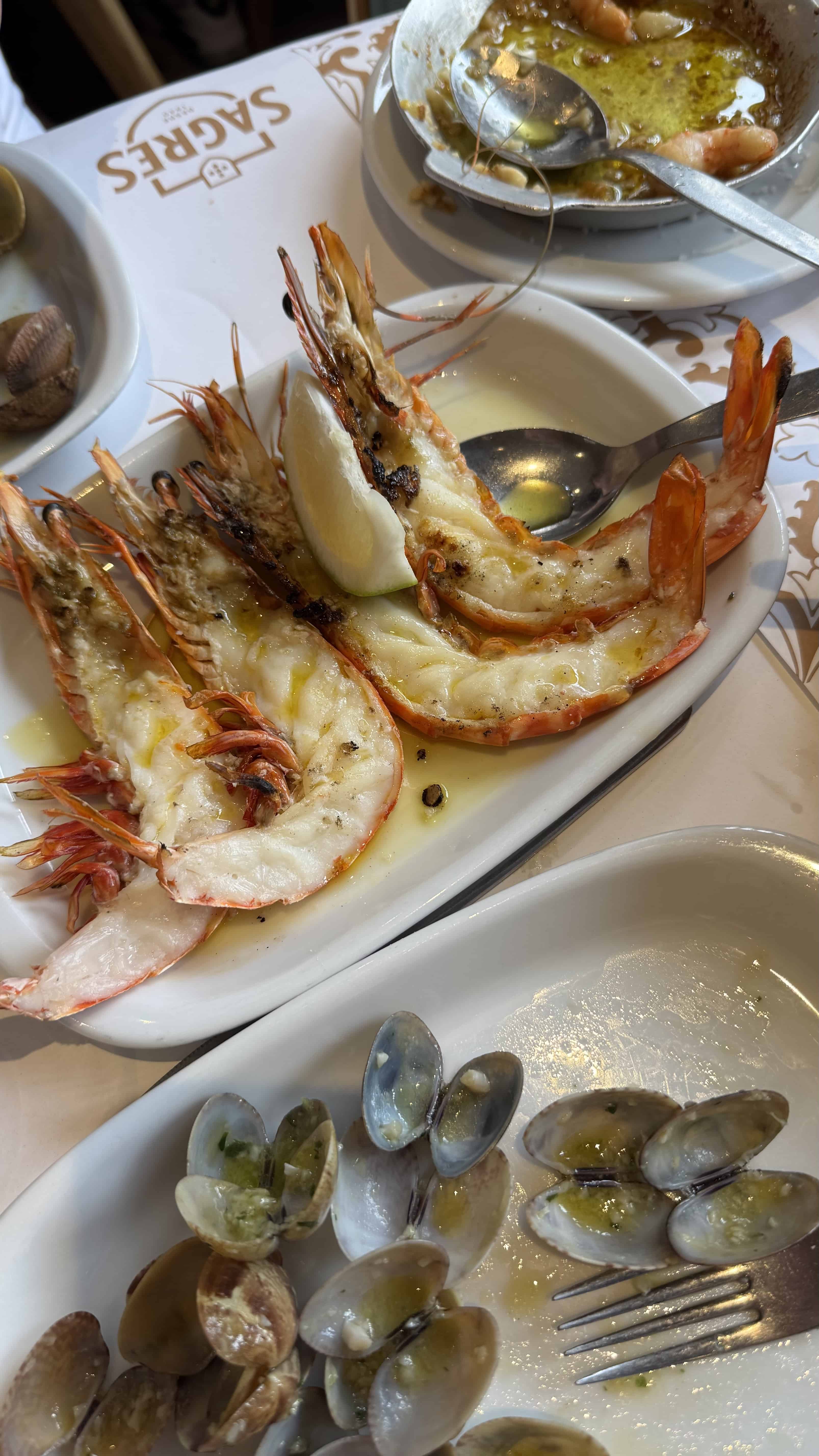 Seafood feast at Cervejaria Ramiro in Lisbon with garlic butter clams, grilled tiger prawns drizzled in olive oil, and lemon on a white plate.