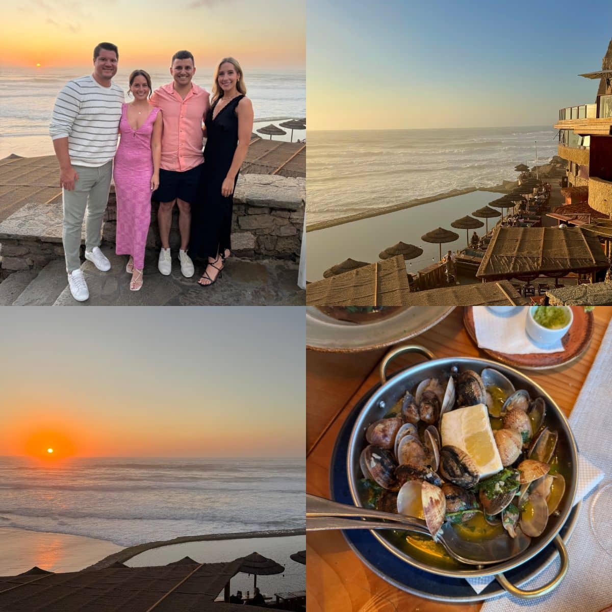 A collage of photos from Restaurante Azenhas do Mar including a sunset, a group of four people, and clams.
