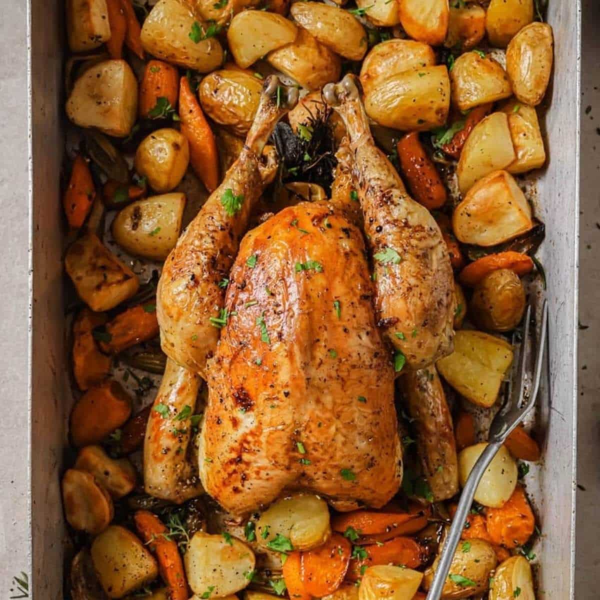 Slow roasted chicken in a pan with carrots and potatoes.