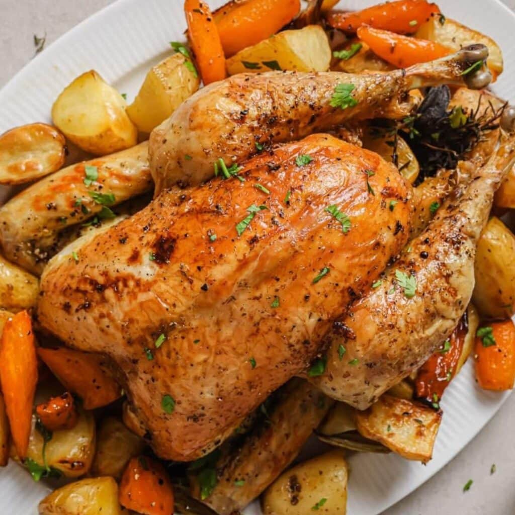 Slow roasted chicken on a platter with carrots and potatoes.