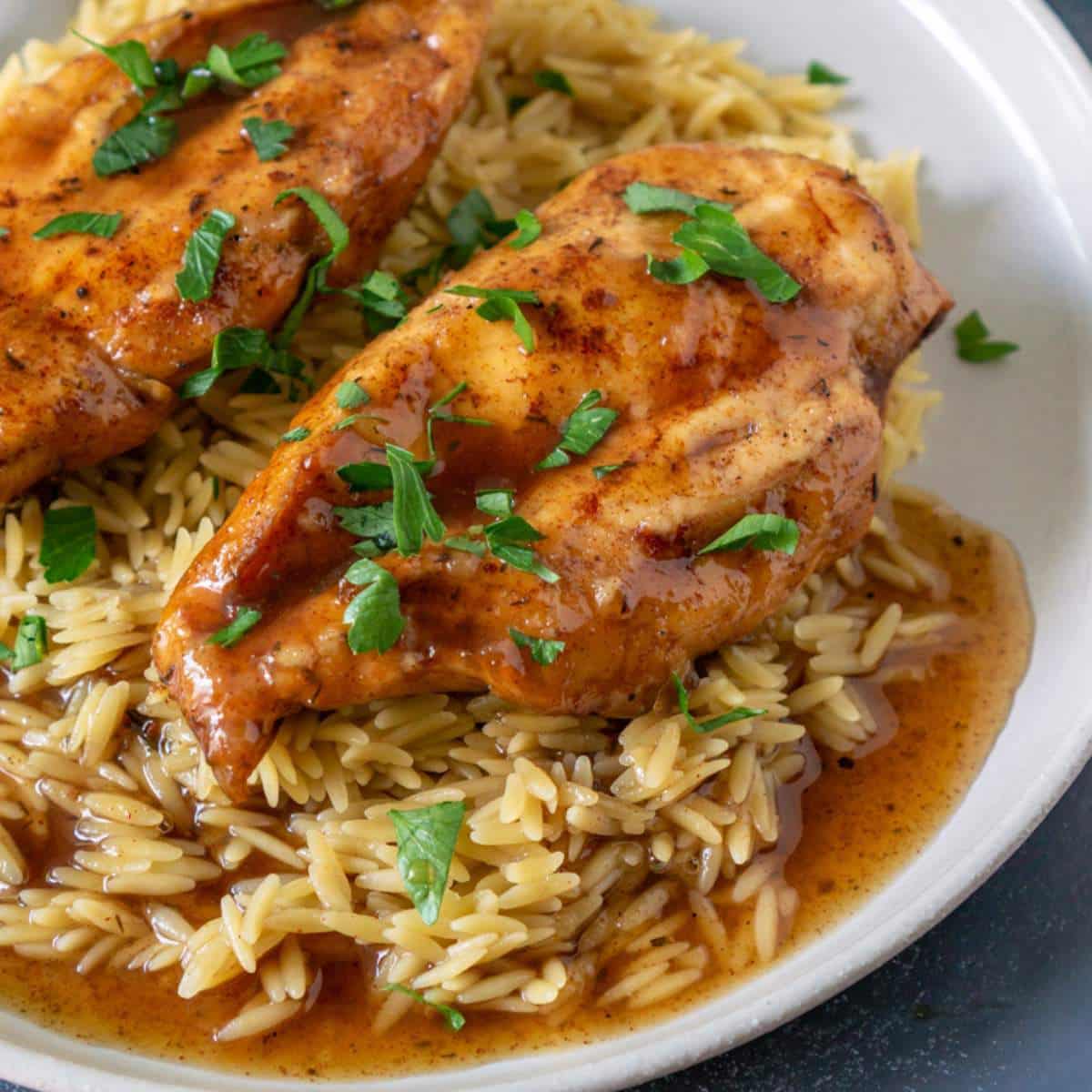 Saucy chicken served over rice.