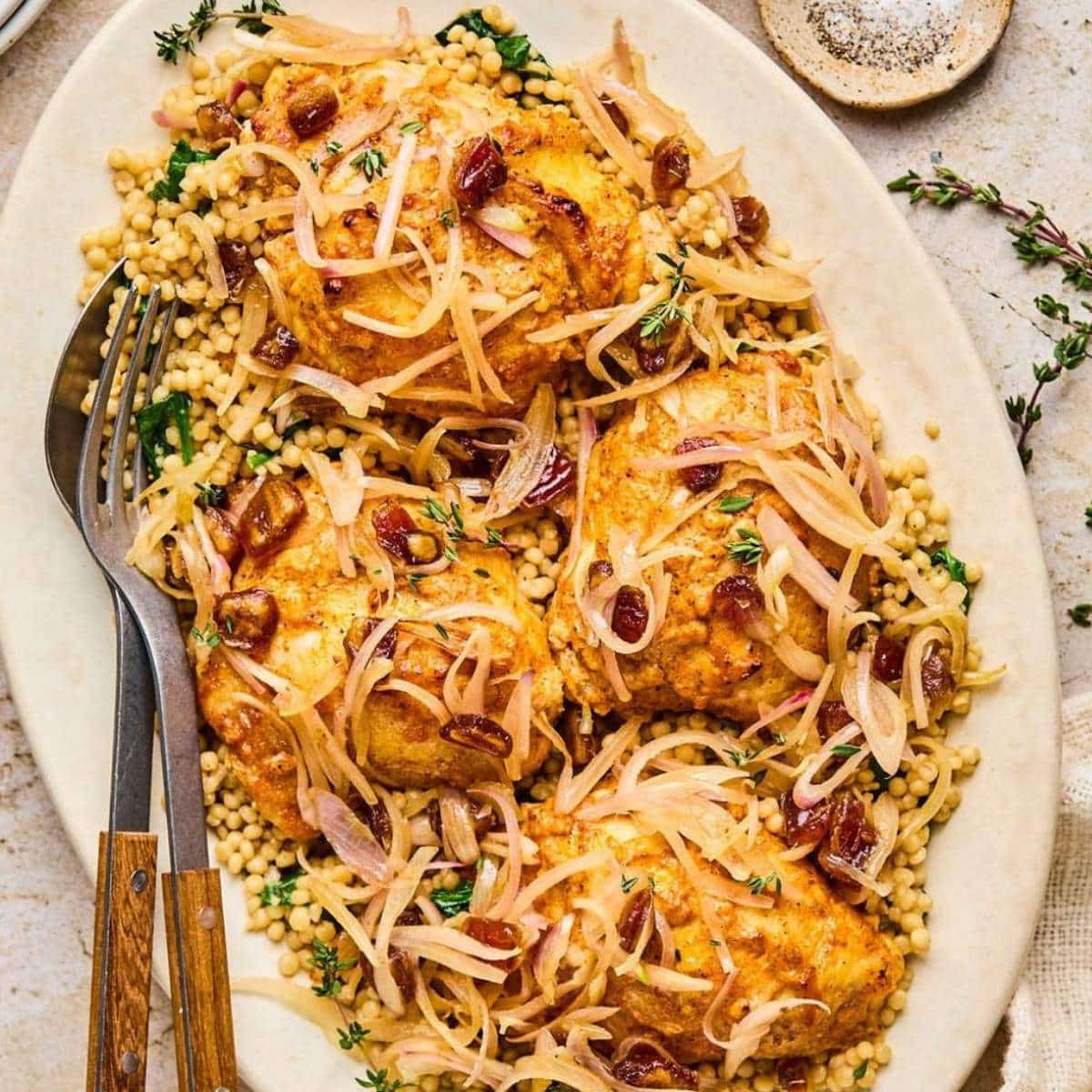 Chicken thighs on a platter with couscous.