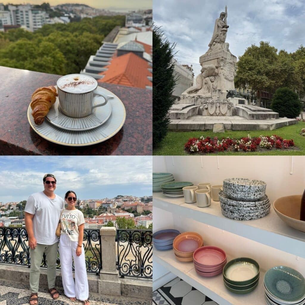 Collage of Lisbon highlights including a cappuccino and croissant on a terrace overlooking the city, a historic stone monument surrounded by flowers, a couple posing at a scenic viewpoint with tiled railing and panoramic city views, and colorful handmade ceramic bowls and dishes displayed on shelves in a local shop.