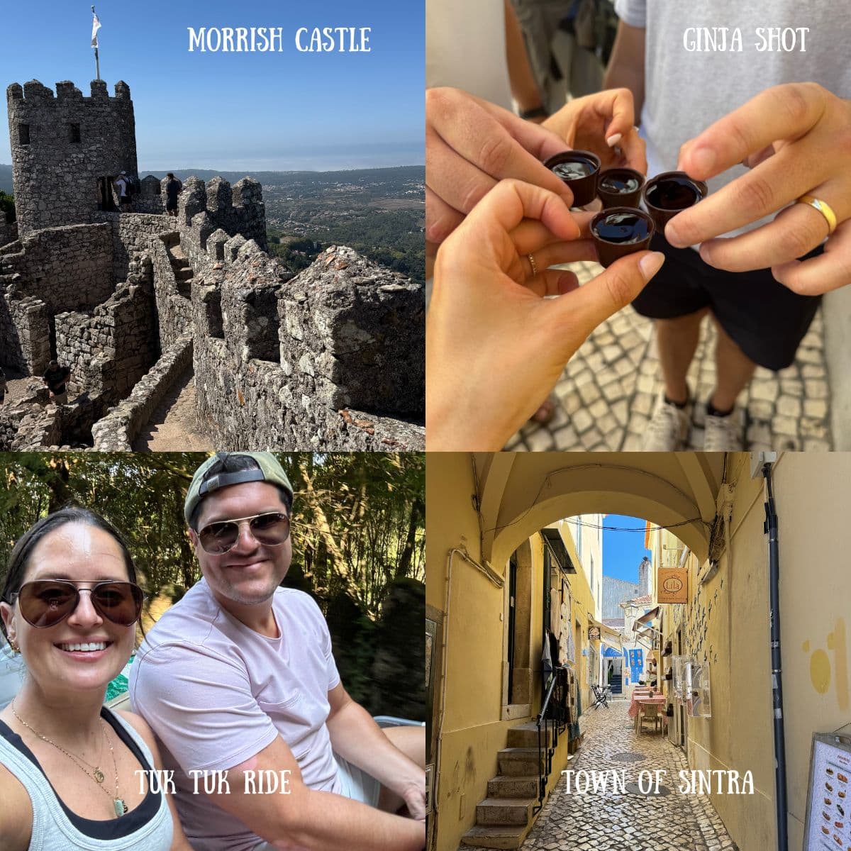 A collage of the morrish castle, four people cheersing a ginja shot, jordan from jz eats in a tuk tuk, and the town of sintra.
