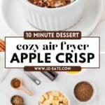 Spoon scooping warm apple crisp from a serving dish, showing texture contrast.