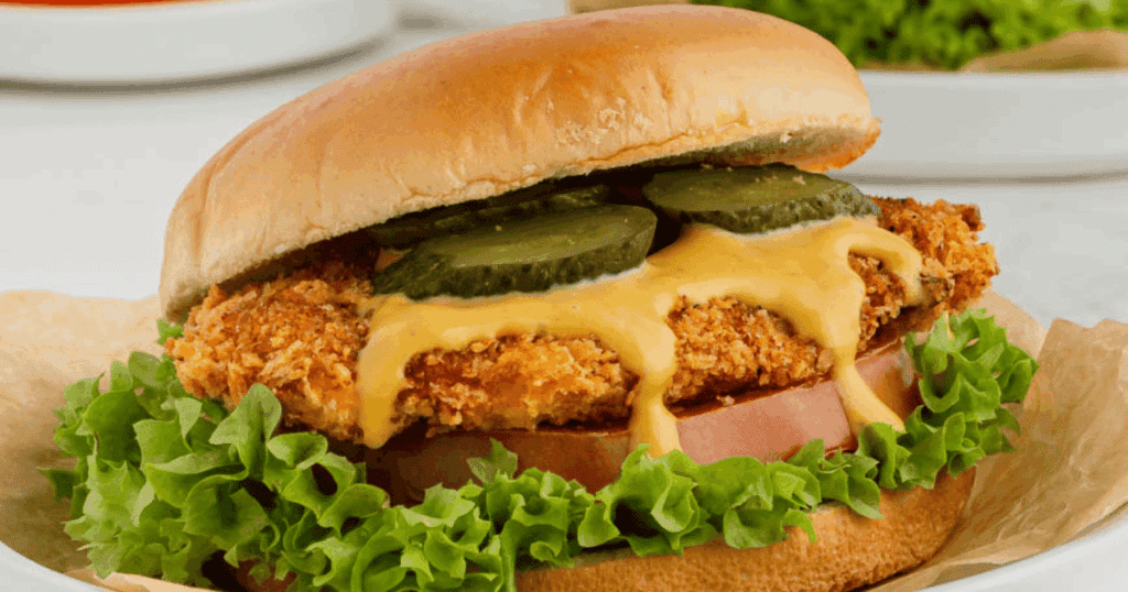 Air fryer chicken sandwich with pickles, lettuce, tomato, and sauce.