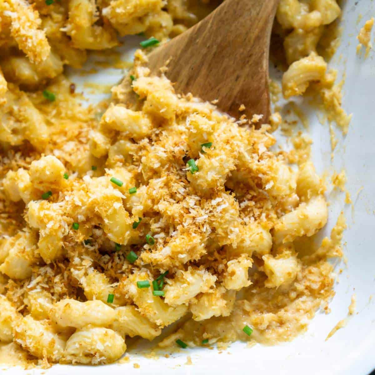 Butternut squash mac and cheese in a baking dish.