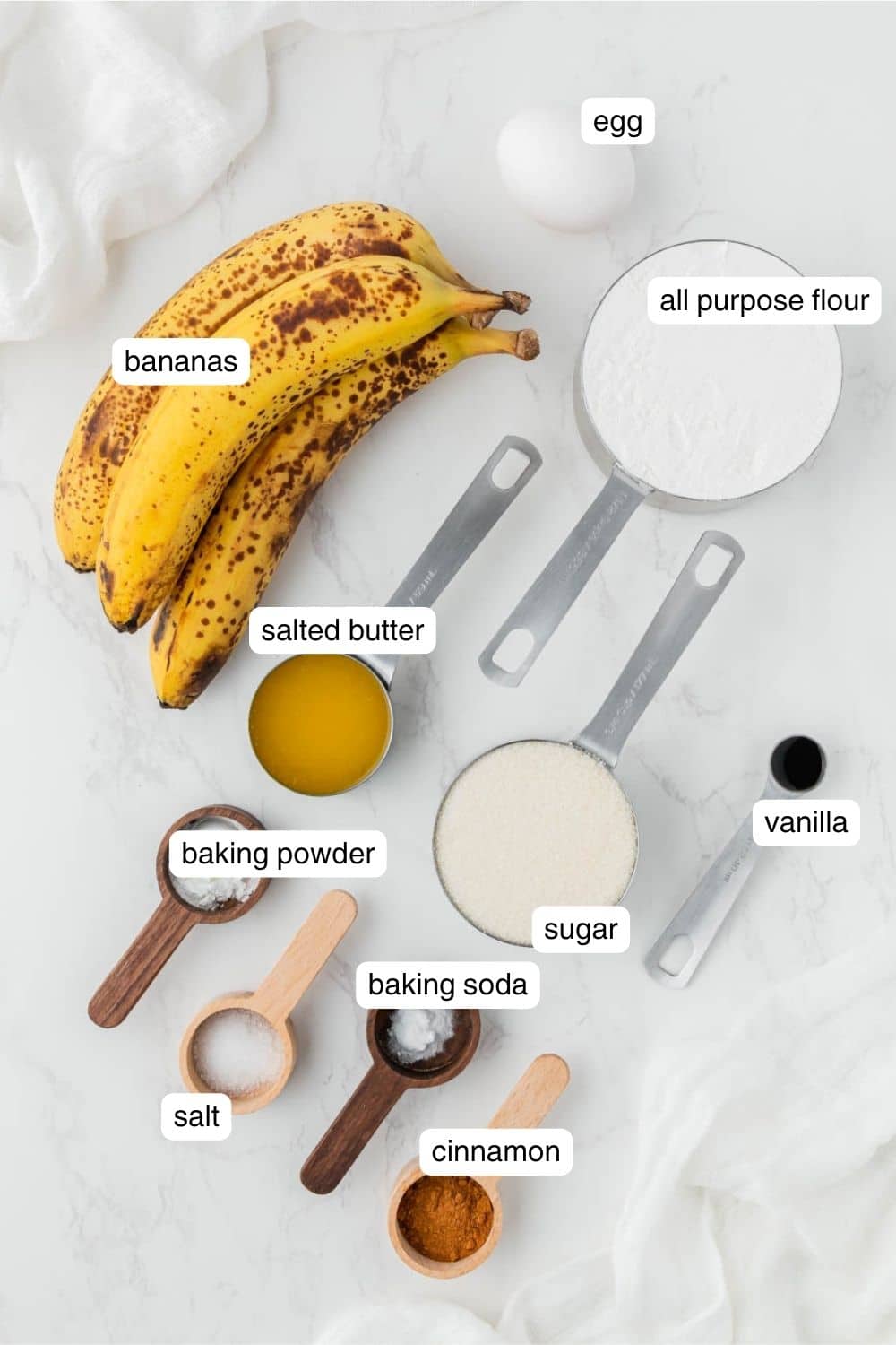 Labeled ingredients for air fryer banana bread.