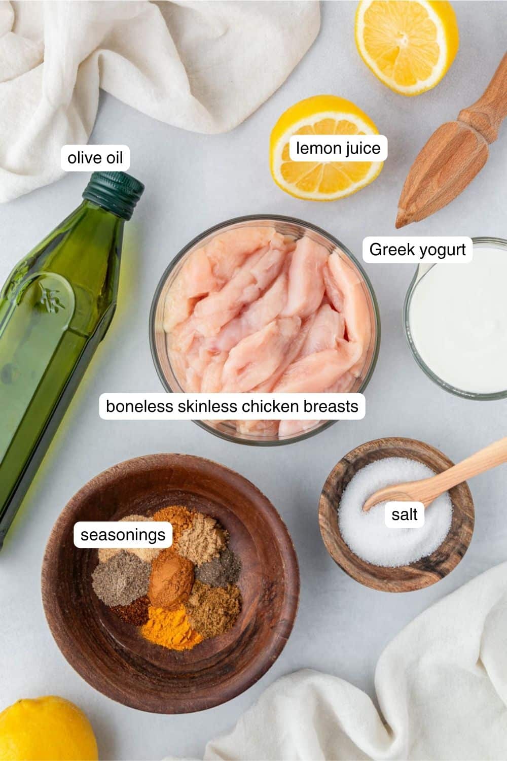 Labeled ingredients for air fryer chicken shawarma.