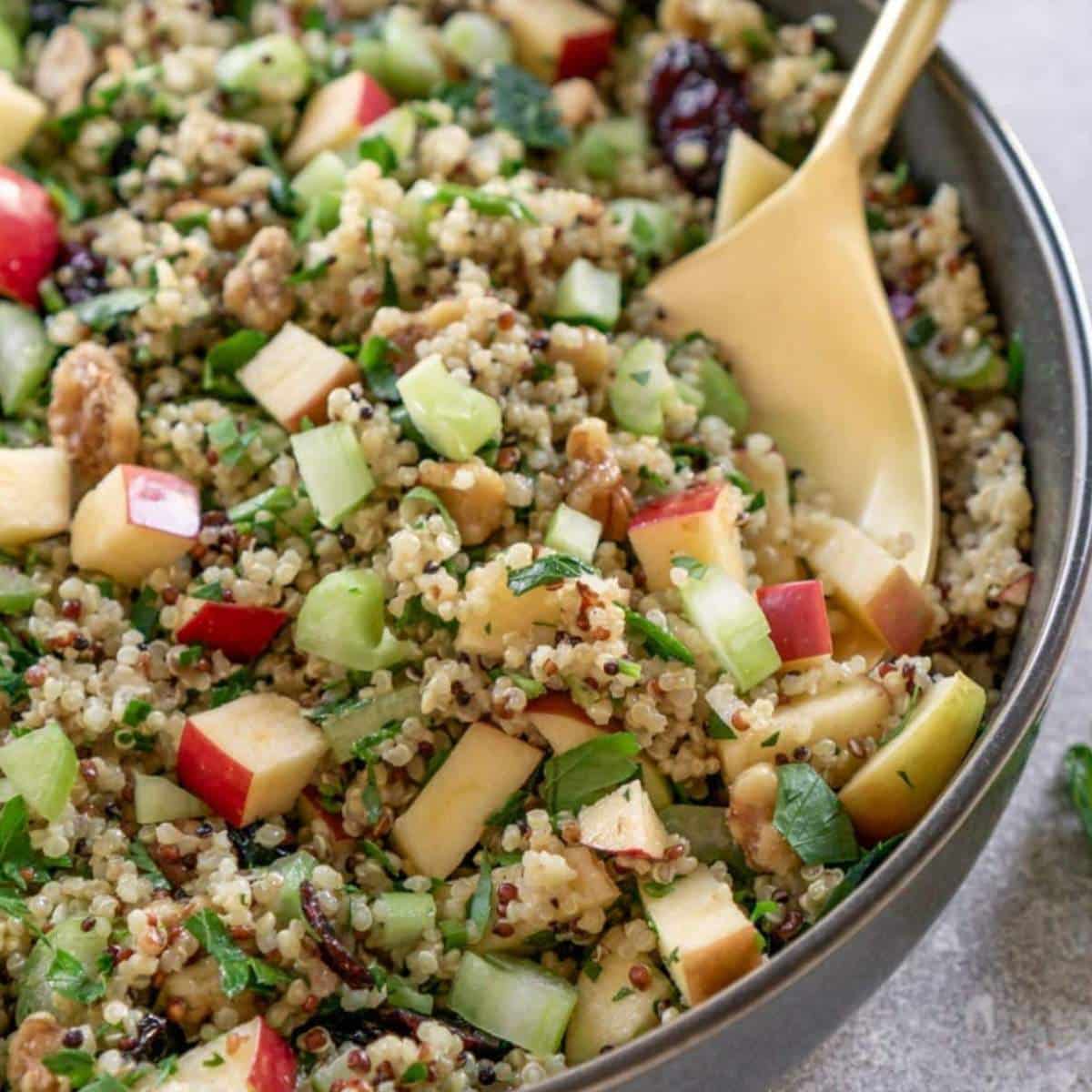 Apple quinoa salad in a gray bowl with a gold spoon.