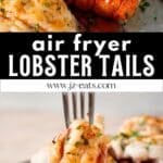Two air fryer lobster tails topped with garlic butter, paprika, and fresh parsley, with one lobster bite being dipped into melted butter using a fork. The image highlights the juicy, golden-brown seafood texture, perfect for a quick and elegant air fryer lobster recipe.