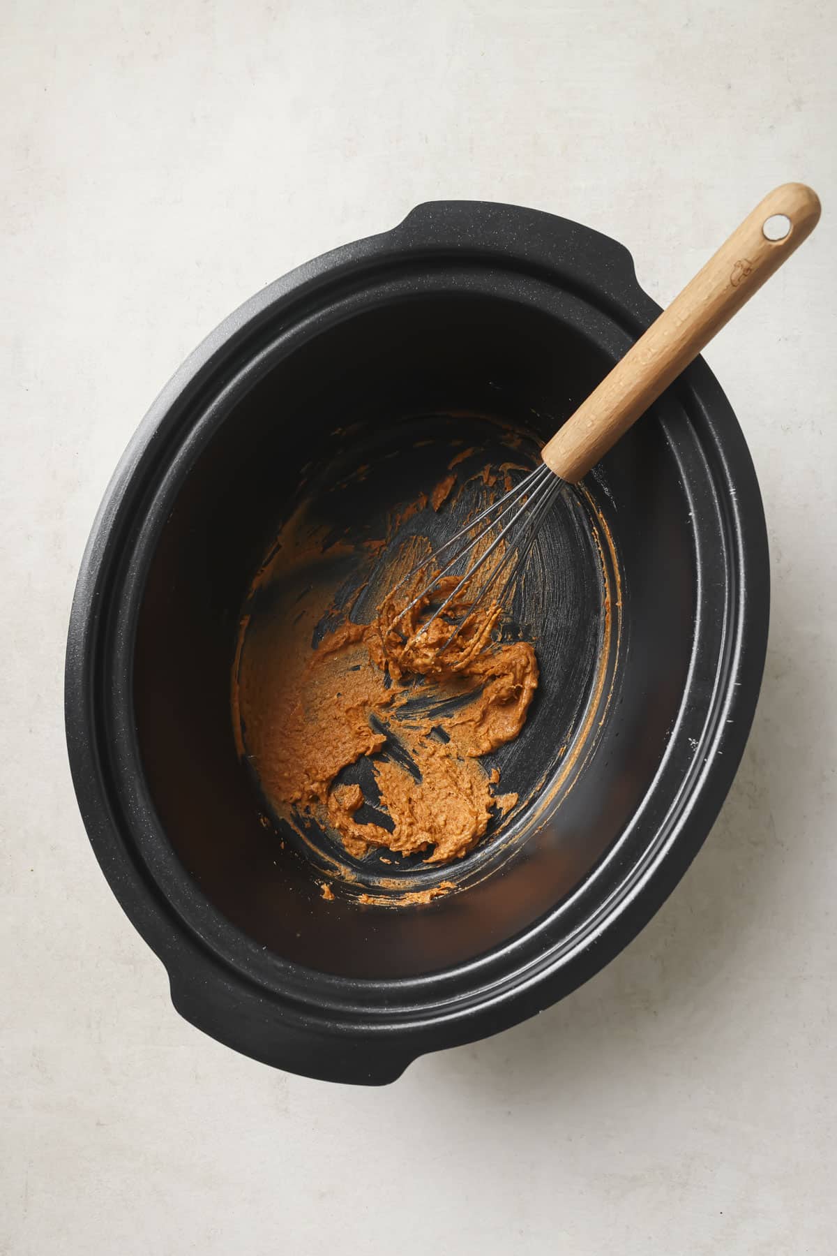 Stirring butter with flour and spices in a crockpot.