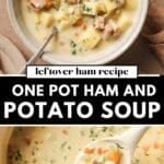 Creamy ham and potato soup served in a rustic ceramic bowl with diced ham, Yukon gold potatoes, carrots, and celery in a thick, golden broth. A spoon rests in the bowl and a ladle scoops the soup from a Dutch oven in the background.