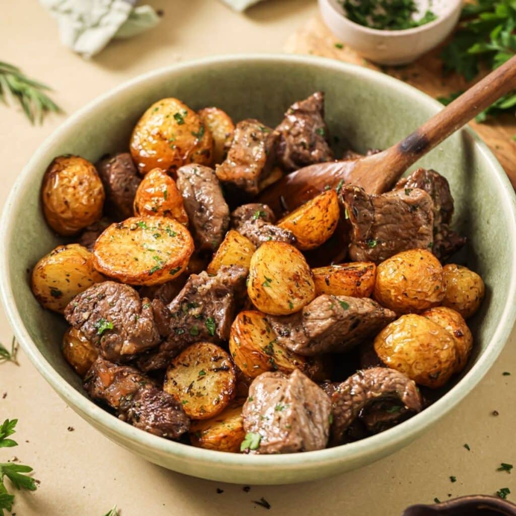 A green bowl full of air fryer steak and potatoes.