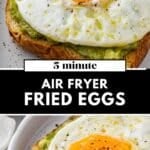Close‑up of a fried egg made in the air fryer on toast, showing runny yolk and crisp edges.