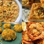 A collage featuring popular crab recipes like baked crab dip, crab puff pastry appetizers, crispy crab cakes, and seafood seasoned with Old Bay and lemon.
