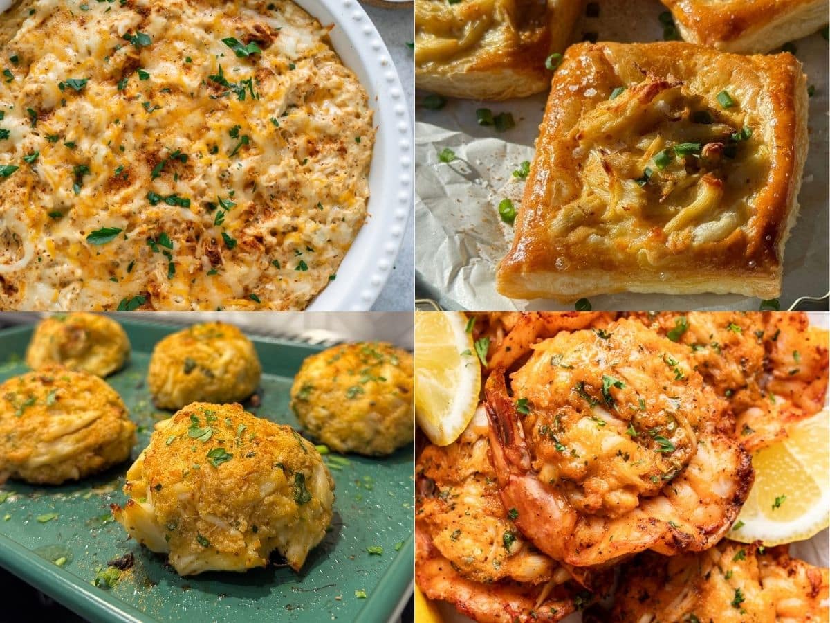 A collage featuring popular crab recipes like baked crab dip, crab puff pastry appetizers, crispy crab cakes, and seafood seasoned with Old Bay and lemon.