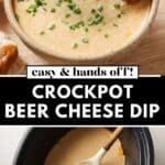 A creamy crockpot beer cheese dip topped with chopped chives and served with soft pretzels.