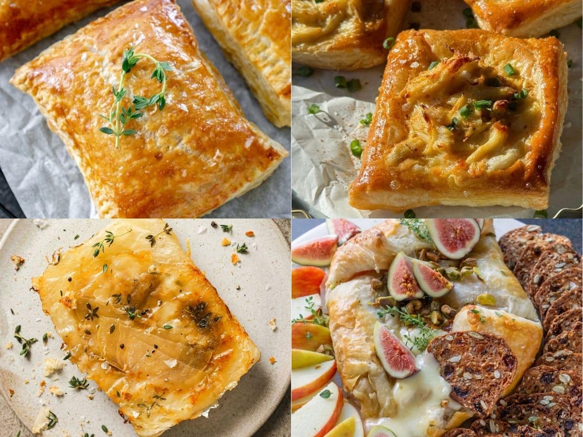 Assorted puff pastry appetizers baked until golden and flaky, including savory filled puff pastry squares garnished with thyme and chives, and puff pastry baked brie topped with figs, apples, and melted cheese on a serving board.