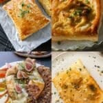 Assorted puff pastry appetizers baked until golden and flaky, including savory filled puff pastry squares garnished with thyme and chives, and puff pastry baked brie topped with figs, apples, and melted cheese on a serving board.