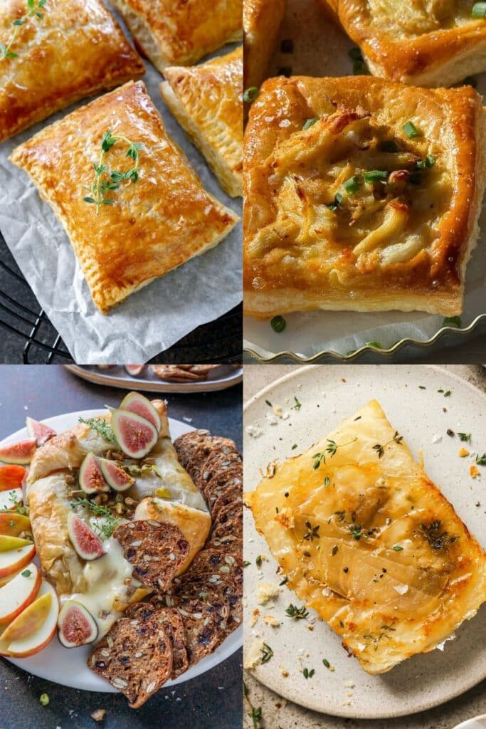 Assorted puff pastry appetizers baked until golden and flaky, including savory filled puff pastry squares garnished with thyme and chives, and puff pastry baked brie topped with figs, apples, and melted cheese on a serving board.