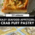 A batch of golden‑brown puff pastry crab bites filled with creamy crab dip, resting on parchment paper ready to serve.