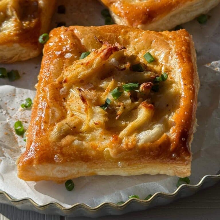 Crab puffs garnished with chives on a serving tray.
