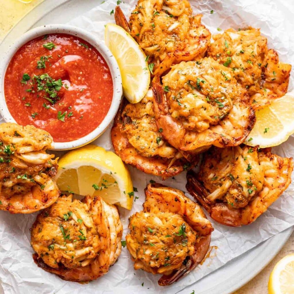 Crab stuffed shrimp on a plate with red dipping sauce and lemon wedges.