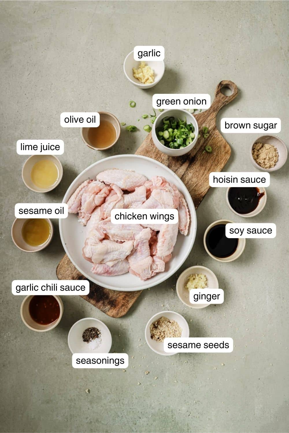 Labeled ingredients for air fryer asian wings.