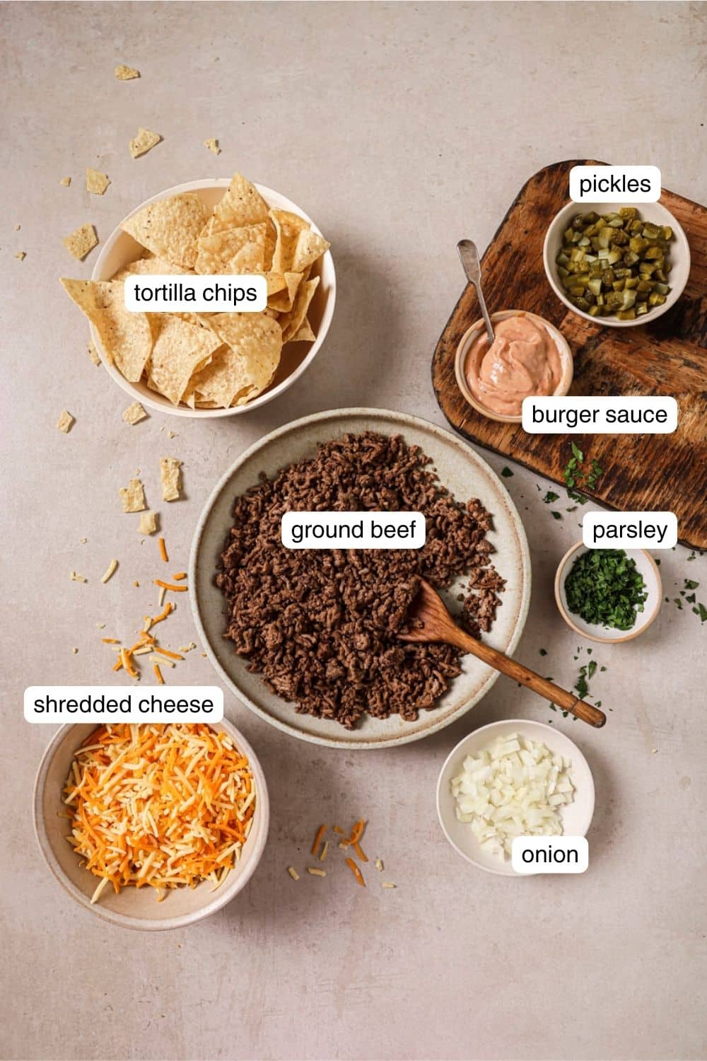 Labeled ingredients for air fryer nachos.