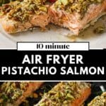 Overhead view of air fryer pistachio salmon served with cherry tomatoes and arugula, showcasing the golden crust and flaky texture of the fish.