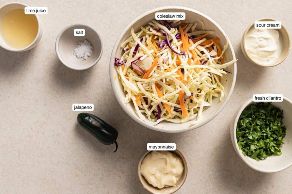 Coleslaw mix in a bowl near small bowls of salt, cilantro, mayo and sour cream.