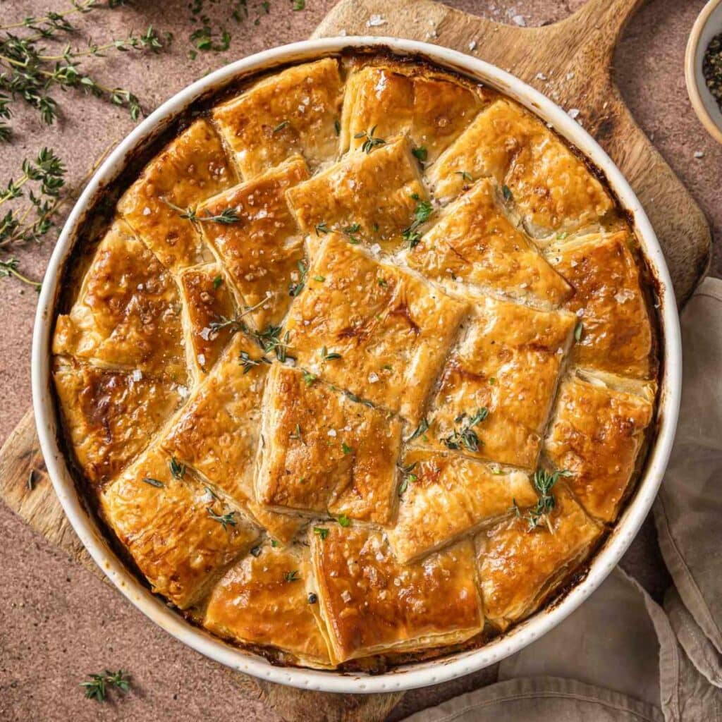 Puff pastry chicken pot pie garnished with fresh thyme.