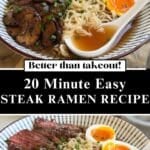 Steak Ramen in a bowl with two halved eggs and a white ramen spoon.