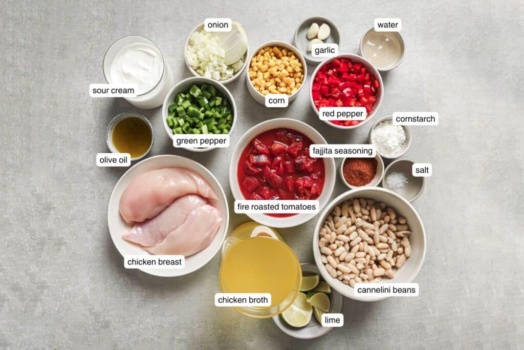 a flat lay of ingredients for chicken fajita soup on a countertop