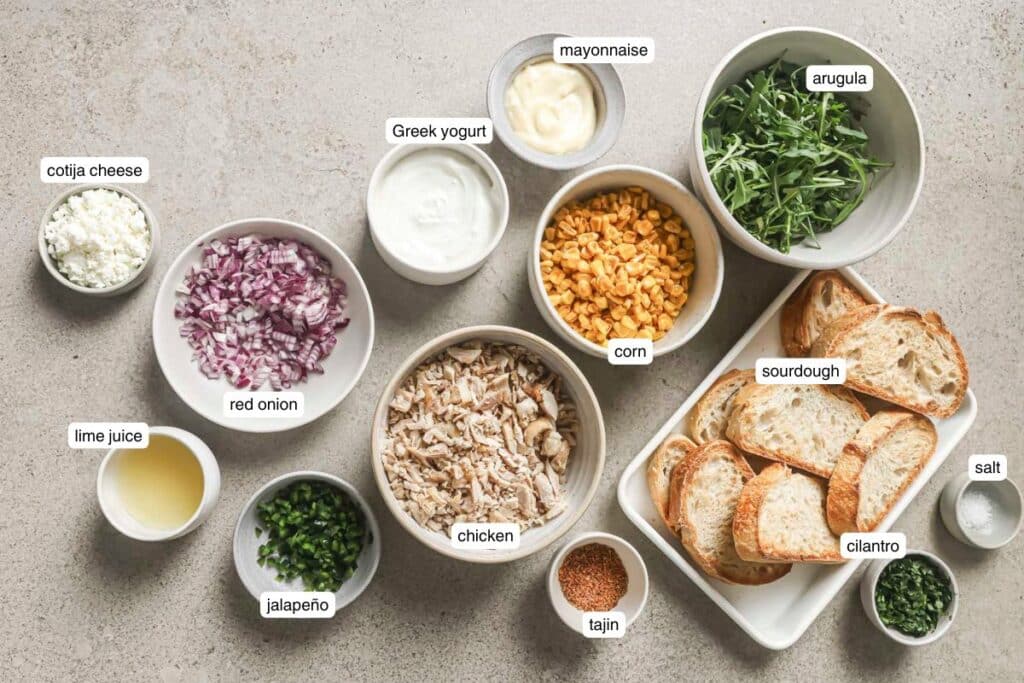 a flat lay of recipe ingredients for street corn chicken salad 