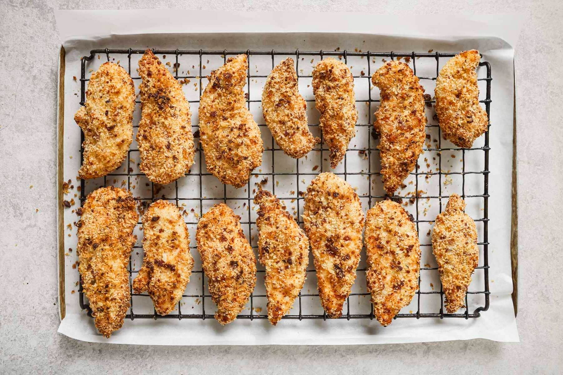 chicken bacon ranch tenders on a wire rack after broiling 