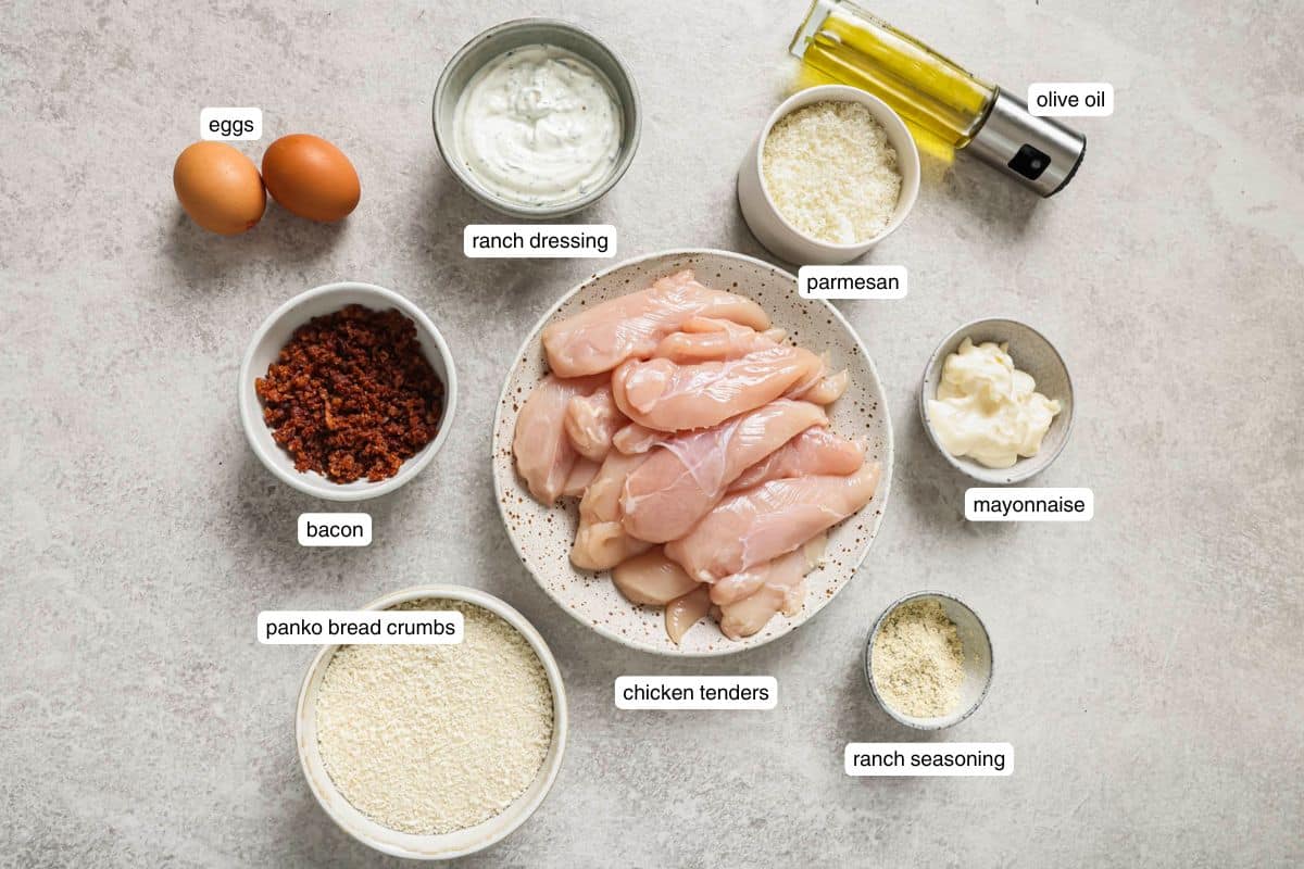 a flat lay of labeled ingredients for bacon ranch chicken