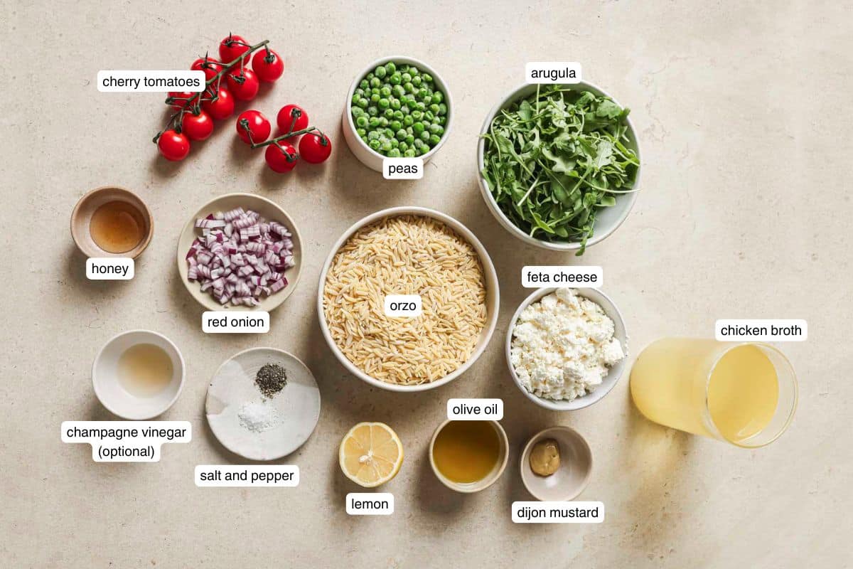 Flat lay of ingredients for lemon orzo pasta salad. 