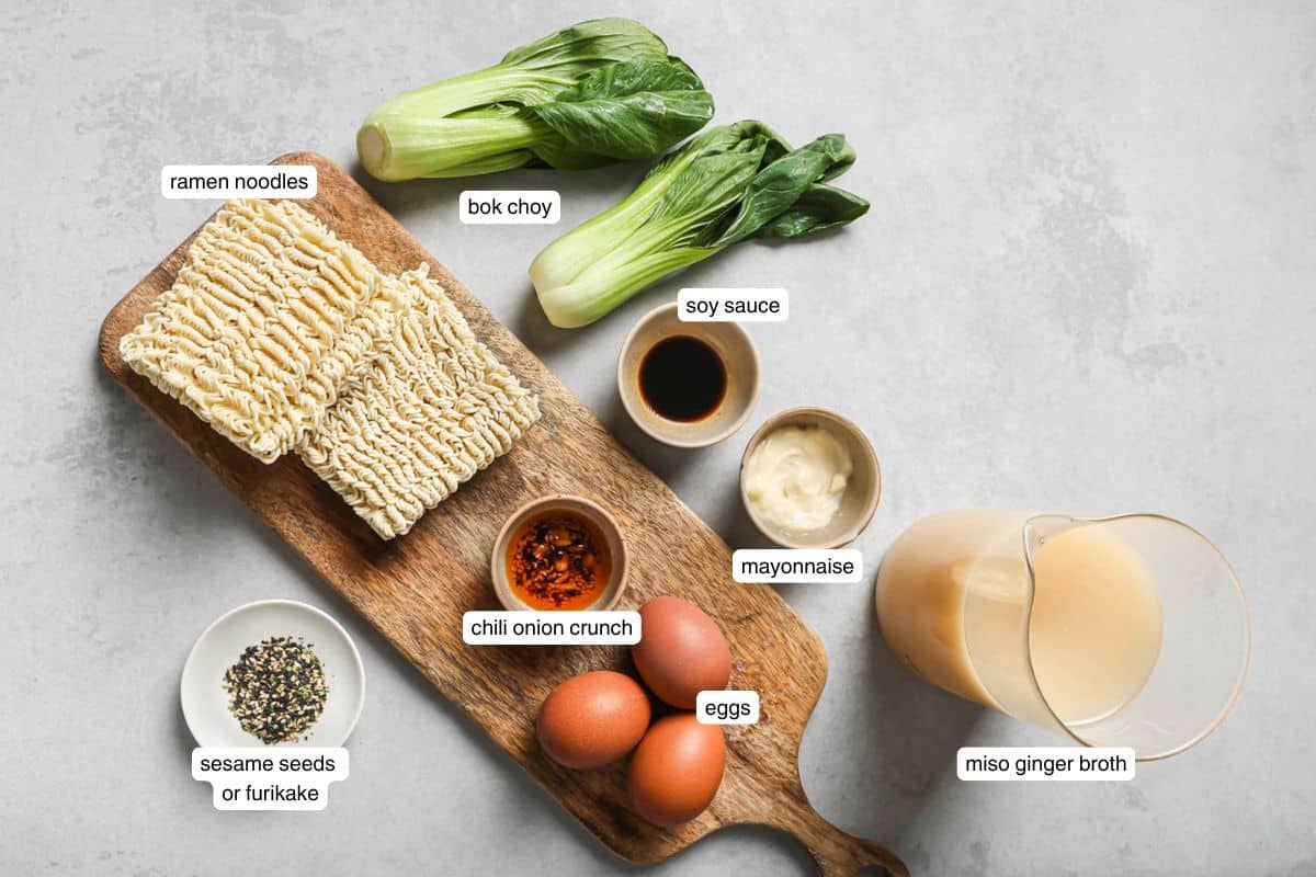 a flat lay of ingredients for a spicy ramen recipe