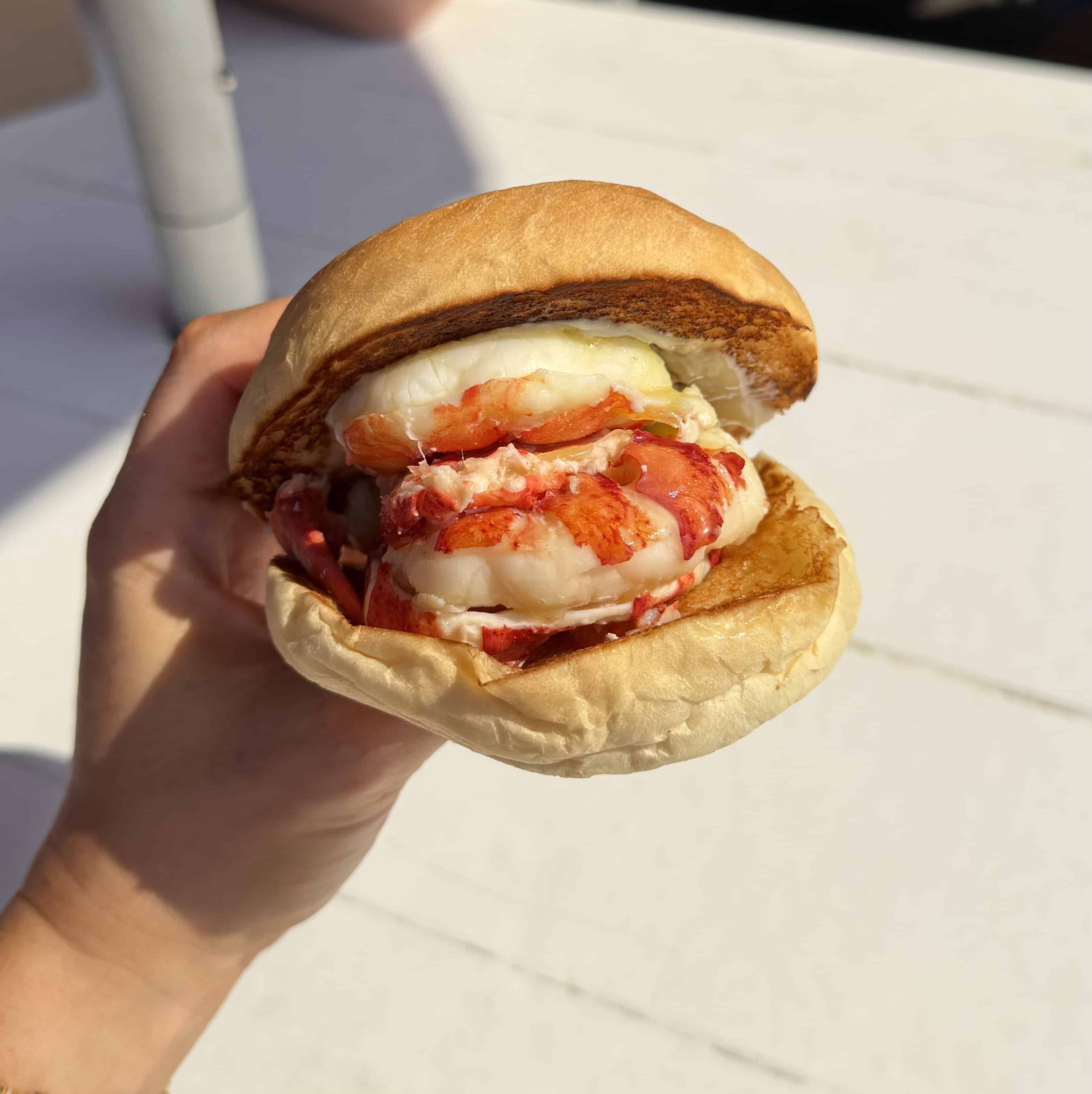 A hand holding a lobster roll in a potato bun.
