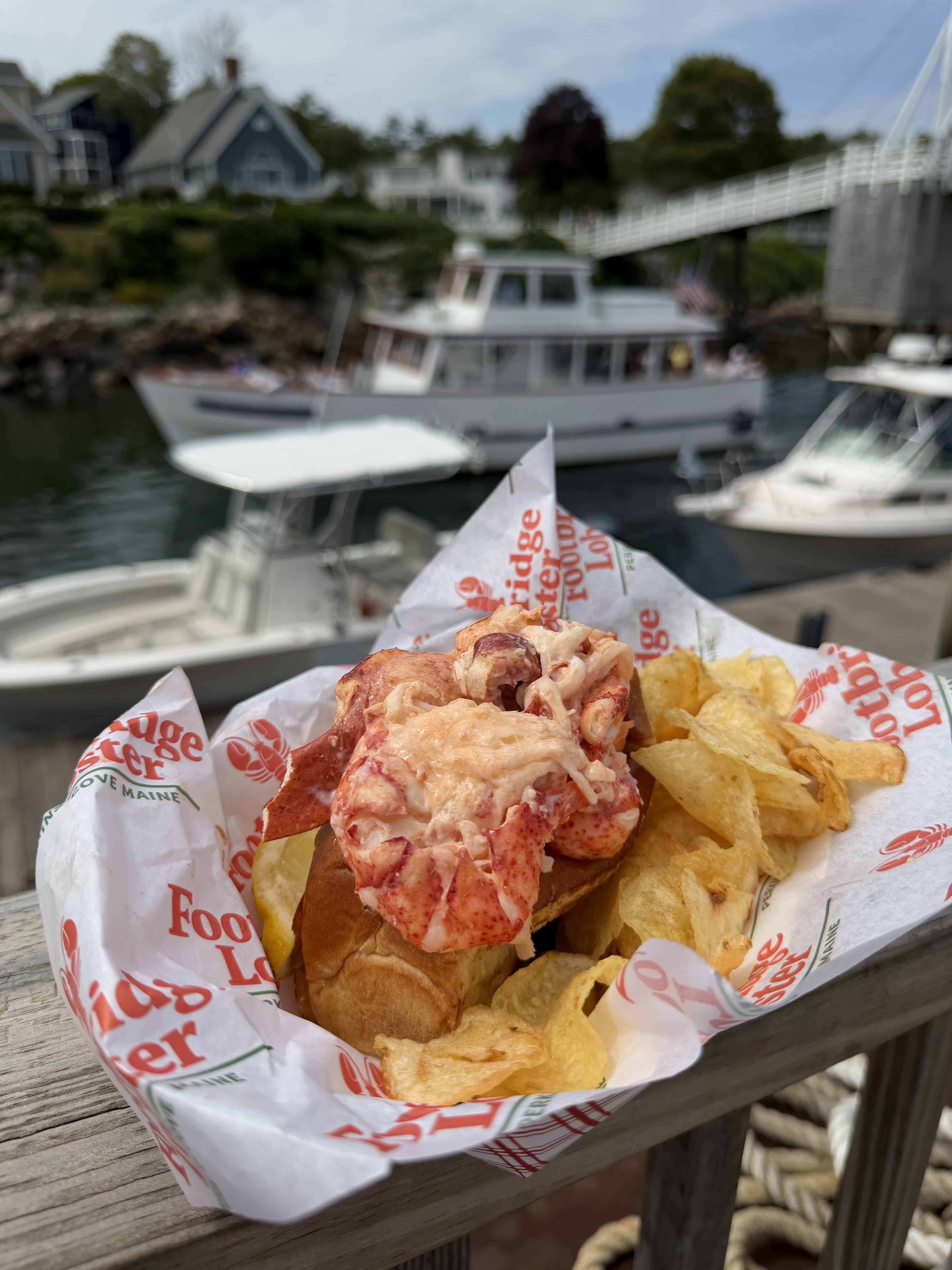 A lobster roll with potato chips on the side with a boat in the background.