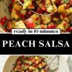 Close-up of fresh peach salsa with juicy peaches, red pepper, jalapeño, and cilantro, shown alongside a small serving bowl.