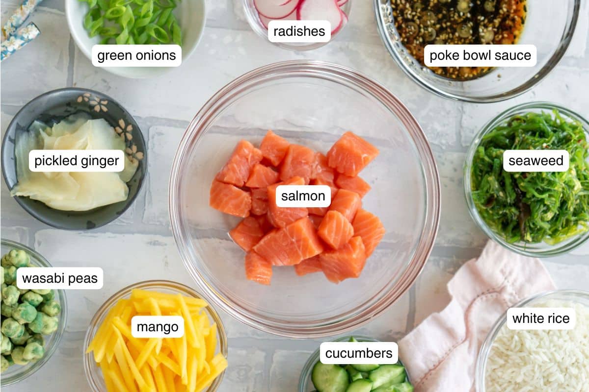 Flat lay of labeled ingredients to make a salmon poke bowl.