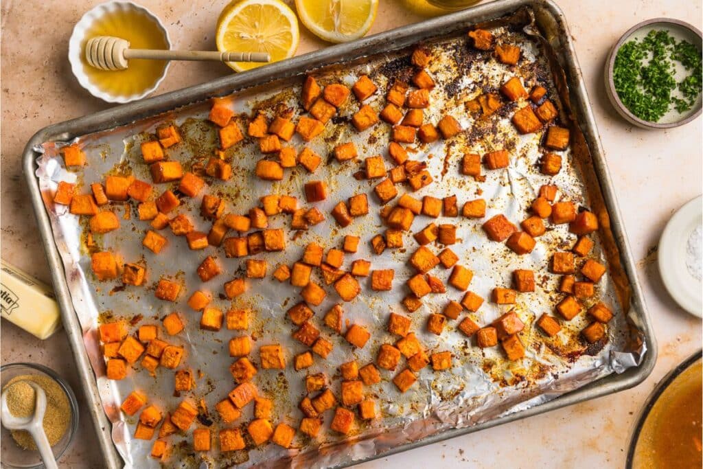 Roasted honey butter sweet potatoes out of the oven. 