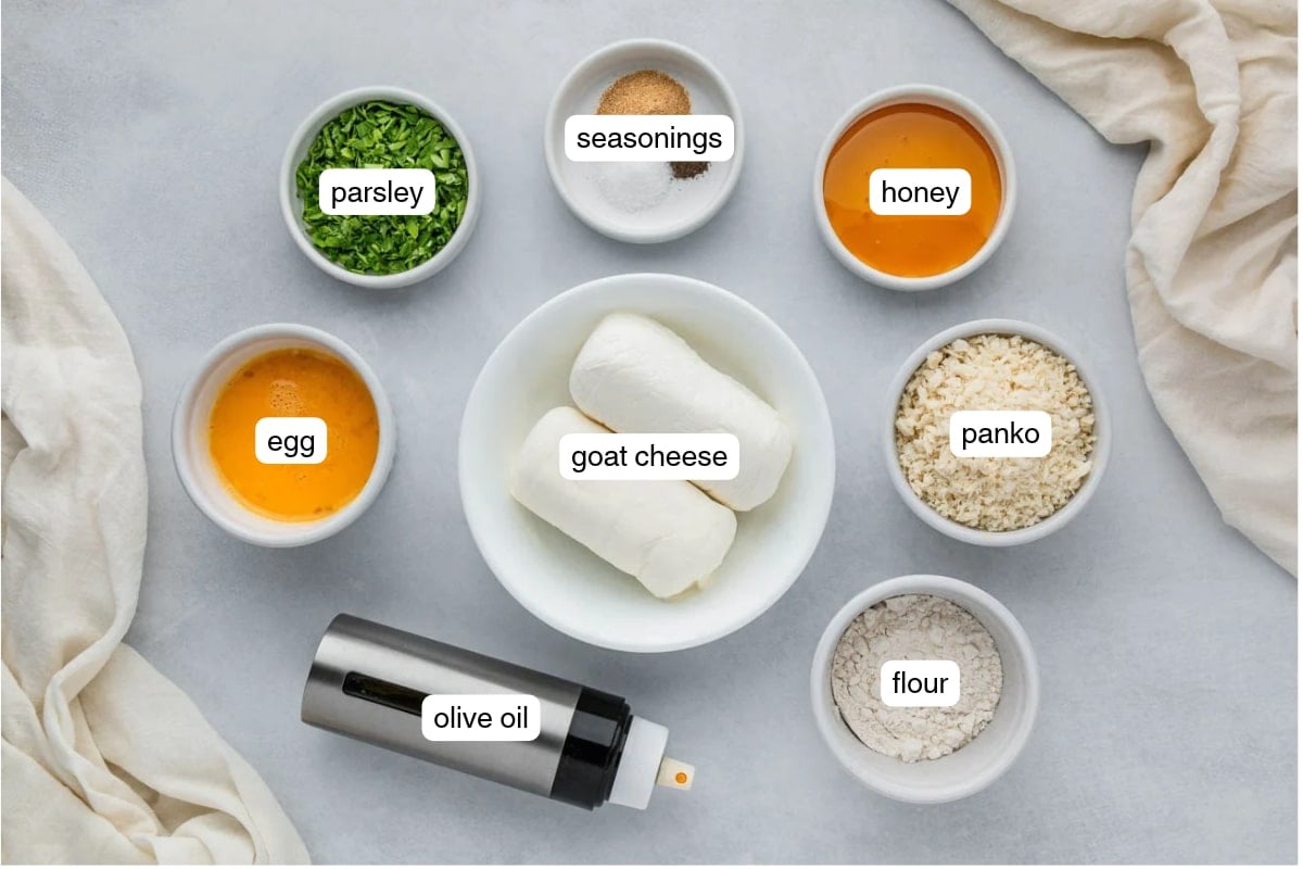 Labeled ingredients for air fryer cheese bites.