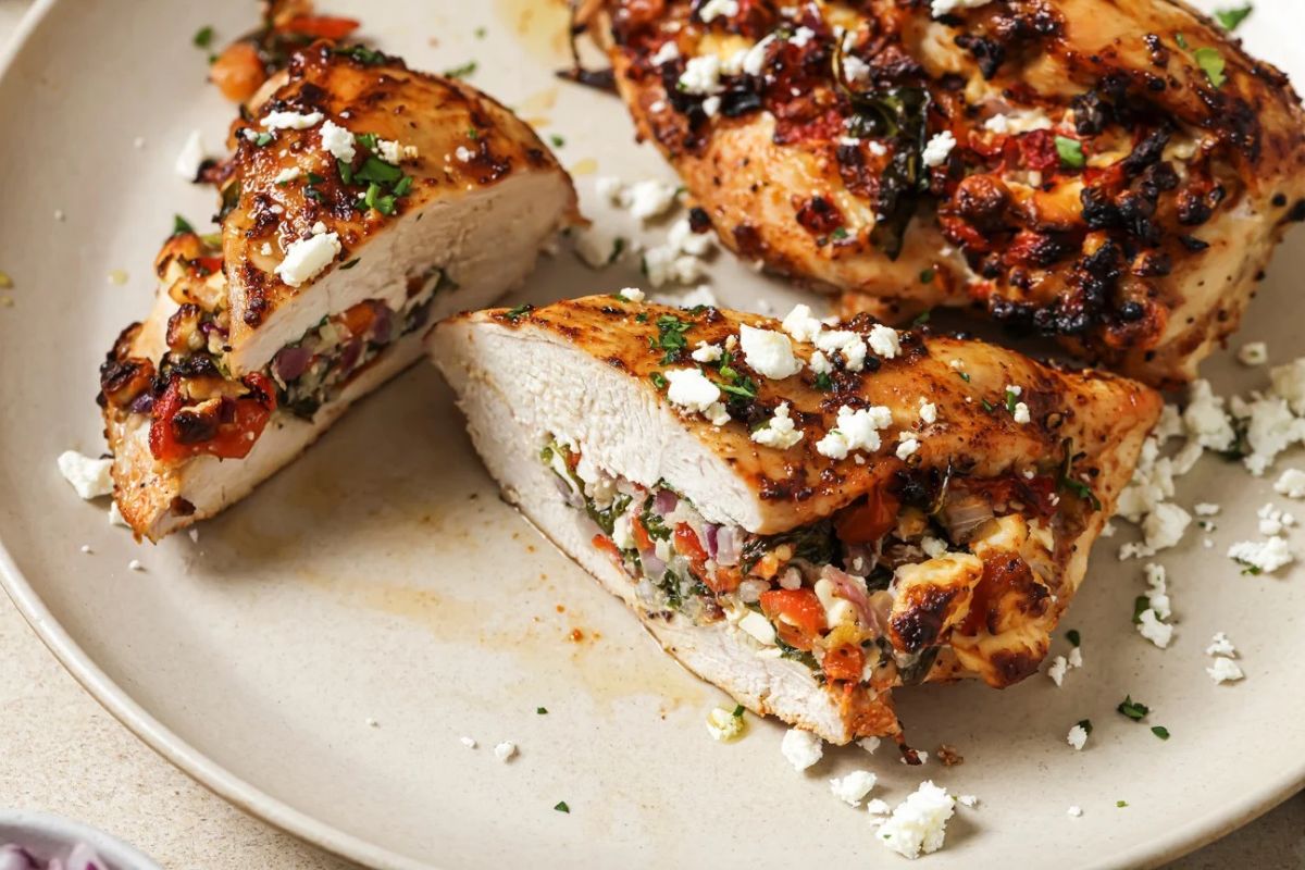 A stuffed chicken breast sliced on a plate to show the filling in the middle: feta, spinach, and peppers. 