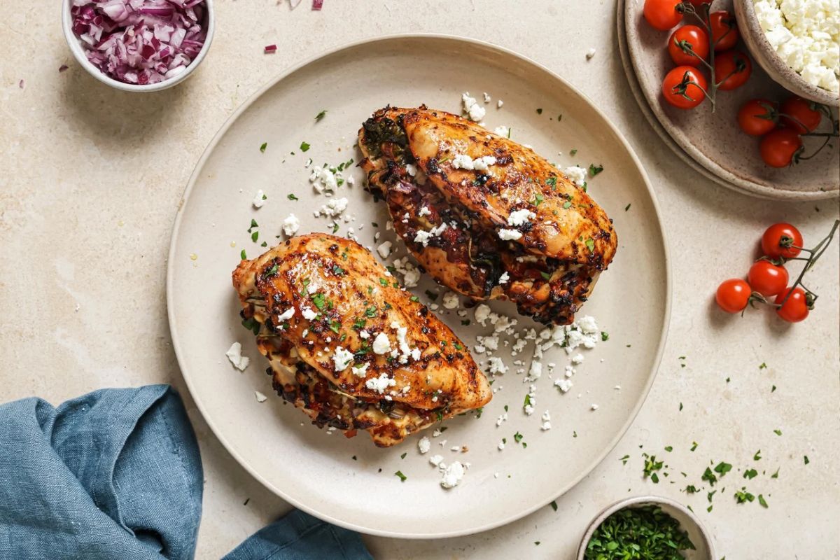 Two air fryer feta stuffed chicken breasts topped with parsley and feta crumbles. 