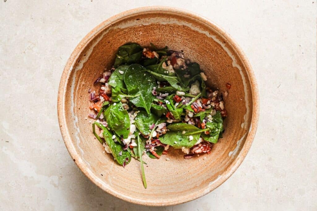 Filling ingredients combined in a mixing bowl.