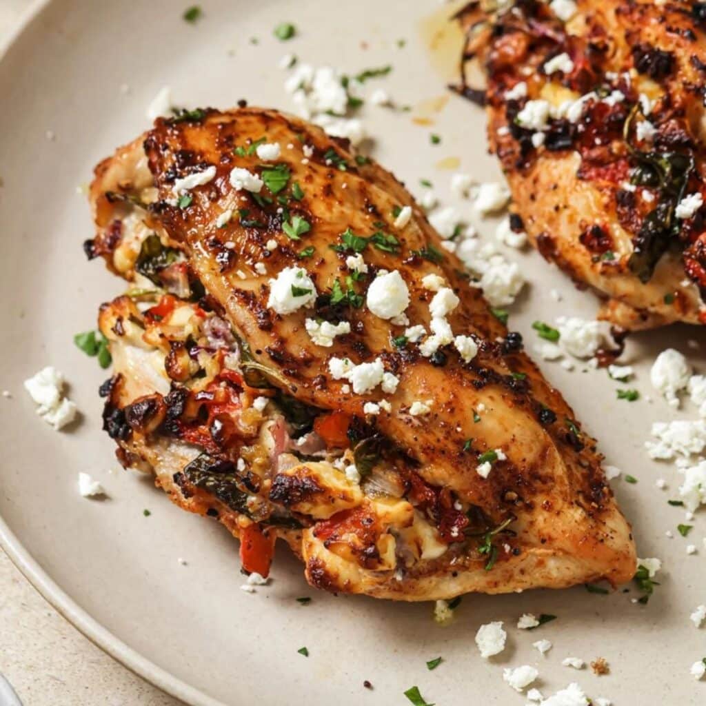 Air fryer stuffed chicken breast stuffed with spinach, feta, and peppers.